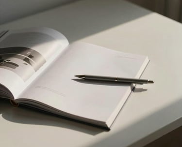 Minimalist desk with a design magazine, a thin pen, and soft morning light, warm grey and off-white palette, clean editorial composition.