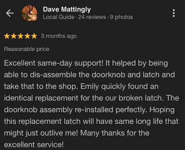 5 star Google review for residential locksmith service in Spruce Pine NC