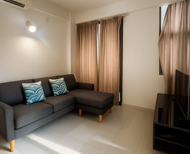 Modern living room featuring a dark grey sectional sofa with blue patterned pillows and a flat screen TV.