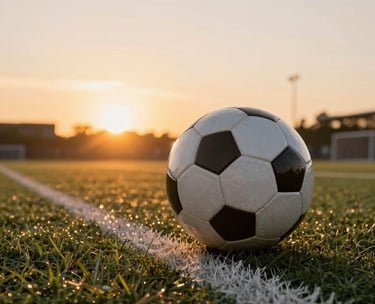 Low angle dramatic shot of a soccer ball on a white line of a pitch, with the sun setting behind it, creating a golden orange glow.