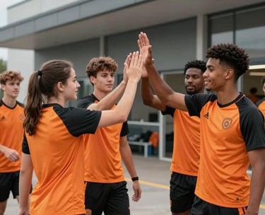 A group of diverse young male and female athletes in orange and black training kits, high-fiving in front of a modern clubhouse building.
