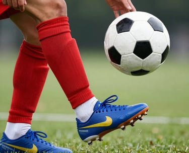 Close up of a teenage boy's feet skillfully controlling a soccer ball in mid-air, focus on technical precision, European park setting, vibrant colors.