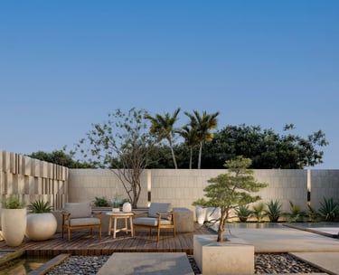 Luxury Yas Island villa poolside seating designed by Moori