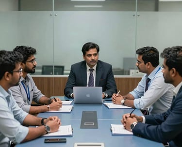 Professional team meeting in a glass-walled conference room in Bangalore, South Asian / Indian executives discussing strategy around a steel blue table.