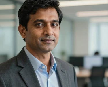 A close-up, modern corporate photograph of a South Asian / Indian business professional, mid-thirties, with a confident and approachable expression, looking slightly off-camera. The background is a subtly blurred contemporary office setting with soft, professional lighting. The image conveys professionalism and reliability, with a shallow depth of field. Composition follows the rule of thirds, with the subject positioned to the left, leaving space to the right for text overlay if needed. No logos or distracting elements.