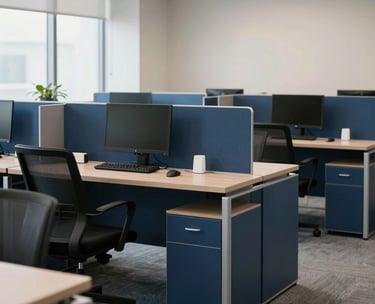 Clean, organized office interior with modern furniture in shades of navy blue and steel blue, South Asian / Indian corporate aesthetic, minimalist and efficient.