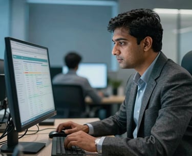 A focused South Asian / Indian analyst looking at data on a sleek monitor in a modern steel blue office environment, soft professional lighting, mood of reliability.