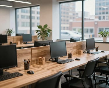 A professional and brightly lit co-working space in a North American city, featuring clean wooden desks, modern ergonomics, and large windows allowing for natural daylight.
