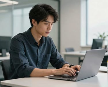 A person sitting at a clean, white desk in a modern North American office, typing on a laptop with a look of quiet concentration and confidence.