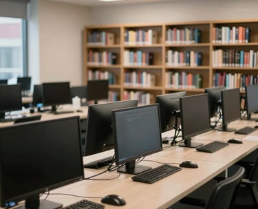 A well-organized resource center with accessible computer stations, a modern bookshelf, and soft lighting, creating an inviting and helpful atmosphere in a US urban setting.