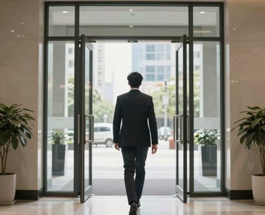 A person confidently entering a bright, modern corporate lobby in a US city, symbolizing a new career beginning and hope.