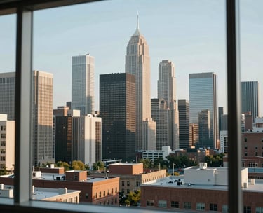 A view of a modern North American city skyline through a clean office window during the day, capturing a sense of professional opportunity and growth.
