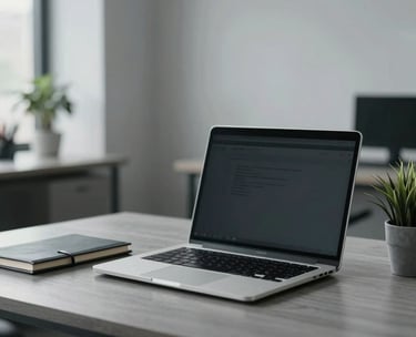A clean, organized desk in a modern North American office featuring a laptop, a notebook, and a small plant, with soft light gray and charcoal tones in the background.