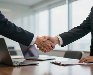 A close-up photograph of a professional meeting in a bright, modern North American conference room. Two people are shaking hands over a sleek table with a laptop, reflecting a partnership. The lighting is crisp and natural, emphasizing a mood of global connectivity and mutual respect.