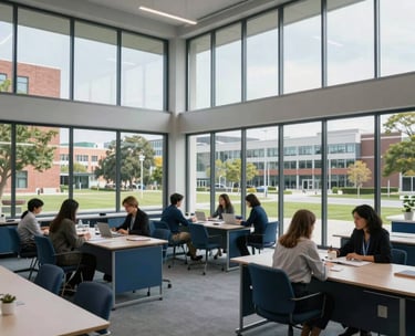 A wide photography shot of a collaborative research space in an international university. Modern architecture with large glass windows overlooking a campus. Grey blue and navy blue tones in the furniture. Clear daylight.