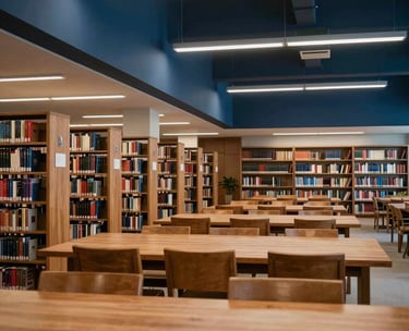 A serene photograph of a university library's study hall. High ceilings, long wooden tables, and rows of books. Soft, even lighting creates a space of academic excellence. Dark navy blue accents.