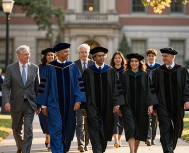 Photography of a diverse group of academic scholars in North American university attire, walking together through a historic campus quad. The lighting is golden hour, creating a warm and inspiring mood for future leadership.