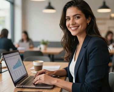 A successful Latin American entrepreneur, a woman in her late 20s, smiling confidently, working on a laptop in a modern co-working space. The laptop screen displays a business chart, and there's a cup of coffee nearby. Soft, natural light fills the space. The style is modern and professional.