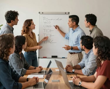 A group of diverse Latin American entrepreneurs, ranging from early 30s to 40s, collaborating animatedly around a table in a bright, contemporary meeting room. They are discussing ideas and actively using a whiteboard. The composition is dynamic, and the lighting is warm, conveying a professional and inspiring atmosphere.