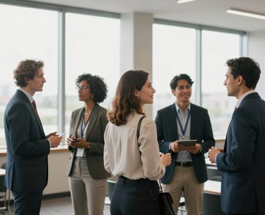 A modern conference hall with Latin American professionals networking, bright windows, professional and optimistic atmosphere.