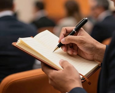 Close-up of a Latin American professional taking notes in a leather notebook during an business event, soft light, warm orange accents.