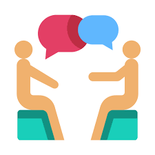 two people sitting on a bench with speech bubbles