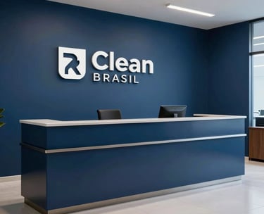 Clean, modern reception area of a Brazilian law firm with dark blue walls, light gray floor, and professional signage.