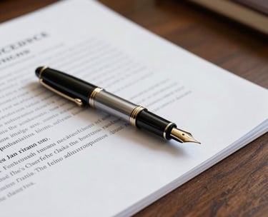 Close-up of a high-end fountain pen resting on legal documents on a dark wood desk in a Brazilian law office, soft natural lighting.