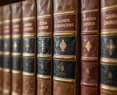 Detail of the office library with leather-bound legal books and a subtle South American artistic touch, professional lighting.