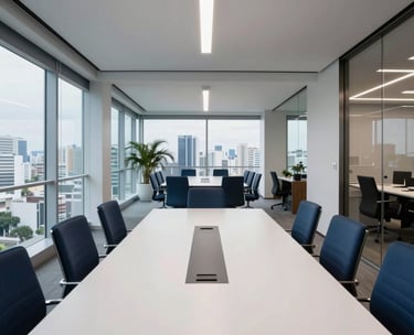 Modern office interior in Santos, Brazil, showing a clean white meeting table with dark blue chairs, professional lighting, and a view of the city, high-end architectural photography.