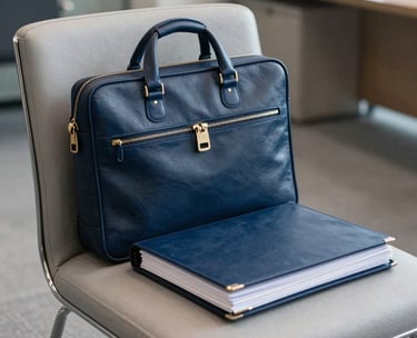 A sharp, professional photograph of a leather briefcase and legal folders sitting on a chair in a modern Australian office waiting room. Palette includes midnight blue and light grey.