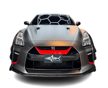 Nissan GT-R wrapped in matte grey with red accent vinyl trim