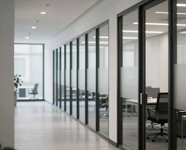 A focused shot of a modern office hallway in a North American business center, with clean white walls and glass doors, representing transparency and professional growth, soft lighting with hints of charcoal gray.