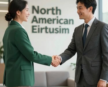 A professional North American businessman shaking hands with a candidate in a lobby, bright and airy composition, signifying a successful recruitment partnership, palette of forest green and slate.