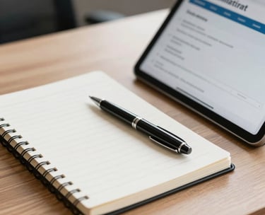 A close-up of a professional desk setup in a North American corporate office, featuring a clean notebook, a sleek pen, and a tablet showing a recruitment dashboard, soft daylight, professional and efficient mood.