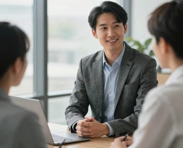 A North American recruiter in business casual attire having a supportive, professional conversation with a candidate in a bright, modern office, natural lighting, atmosphere of trust and progress.
