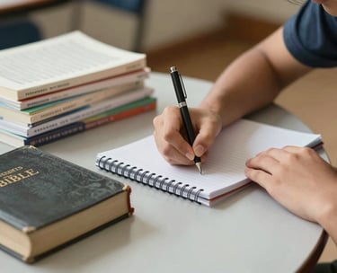 A close-up of a student's hands neatly writing in a notebook next to a bible and a stack of textbooks on a clean desk, warm indoor lighting, North American school setting.