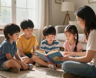 A group of young children sitting on a rug listening intently to a parent reading a book, soft window light, North American home setting, warm and inviting atmosphere.