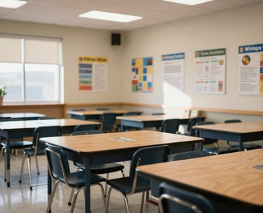 A well-lit, professional classroom setting inside a North American community center with wooden tables and educational posters on the walls, bathed in natural morning light.