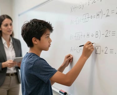 A focused North American teenager solving complex math equations on a whiteboard while a teacher looks on encouragingly, academic and bright setting.