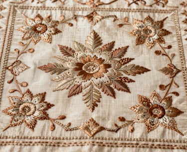 Close-up photography of a vintage hand-embroidered tapestry with intricate South Asian floral motifs in cream and muted brown silk threads.