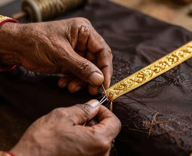 Macro photography of a skilled artisan's hand in South Asian attire, using a needle to weave gold zari thread on dark silk. Warm lighting.