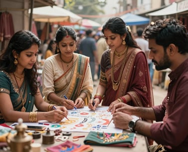 Cinematic shot of a South Asian market scene where modern designers are meeting with traditional artisans to collaborate on new collections.