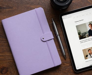 An overhead flat-lay of a creative's workspace in a North American setting, including a lavender-colored notebook, a pen, and an iPad displaying an author website.