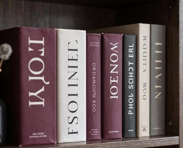 Close-up of a high-end designer bookshelf in a US apartment, featuring modern book covers with sophisticated typography and muted plum colors.