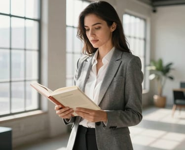 A professional North American woman in business-casual attire holding a printed book, standing in a bright loft with large windows and clean decor.