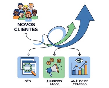 A imagem é um infográfico que ilustra um processo de crescimento para atrair novos clientes.  No top