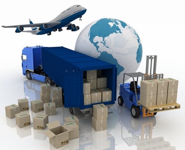 a truck with a cargo truck and a globe globe