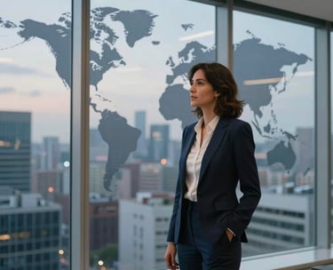 A medium shot of a modern office interior with a glass wall overlooking a global city skyline at dusk, evoking professionalism and international presence, global Spanish-speaking context, lighting in shades of steel blue and off-white.