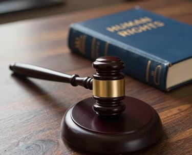 A medium shot of a gavel resting on a wooden desk next to a leather-bound book on human rights, soft afternoon light, global Spanish-speaking context, colors of dark wood and medium blue.